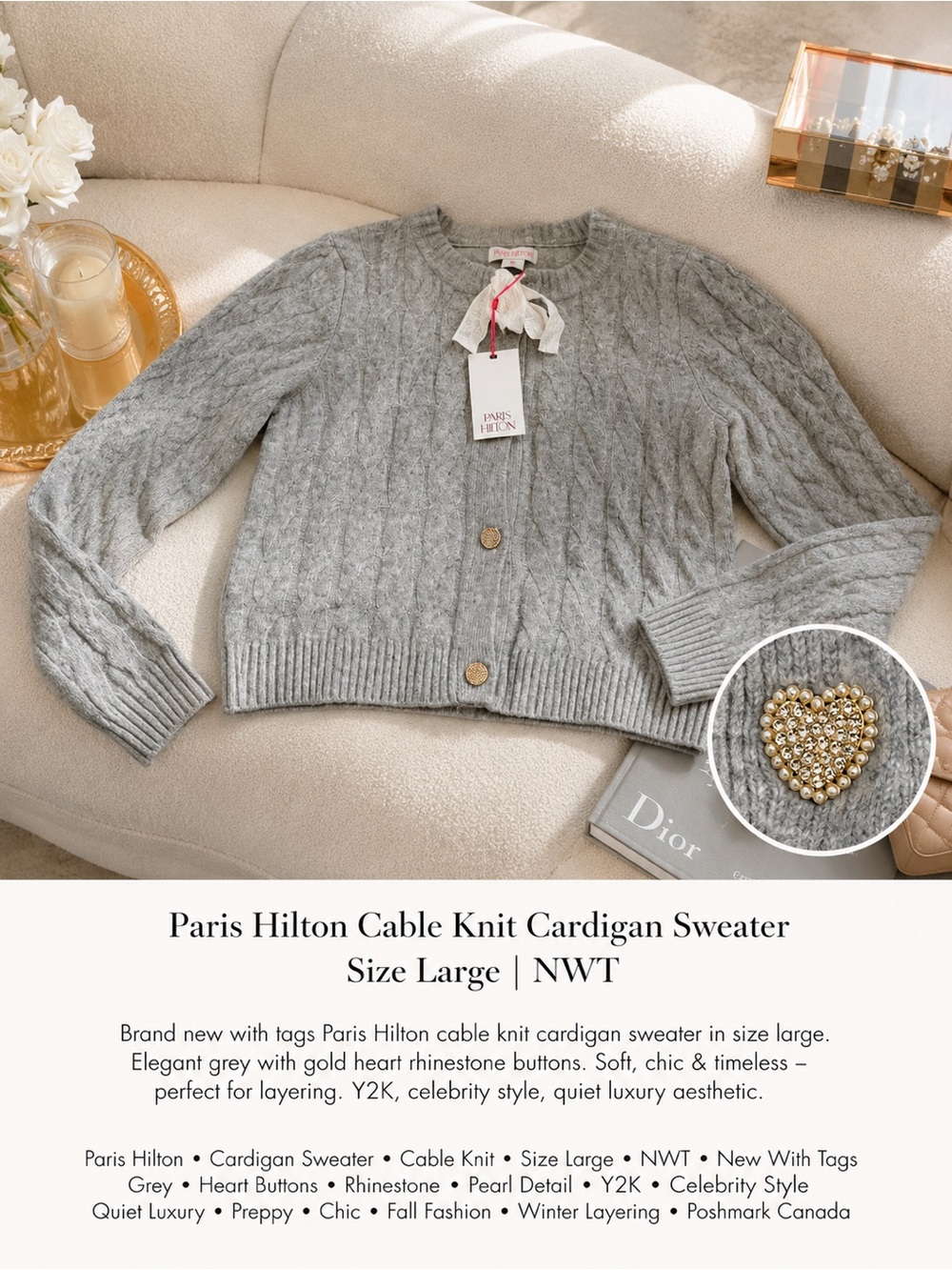 NWT Paris Hilton Cable Knit Cardigan Sweater Quiet Luxury Coquette Preppy Y2K